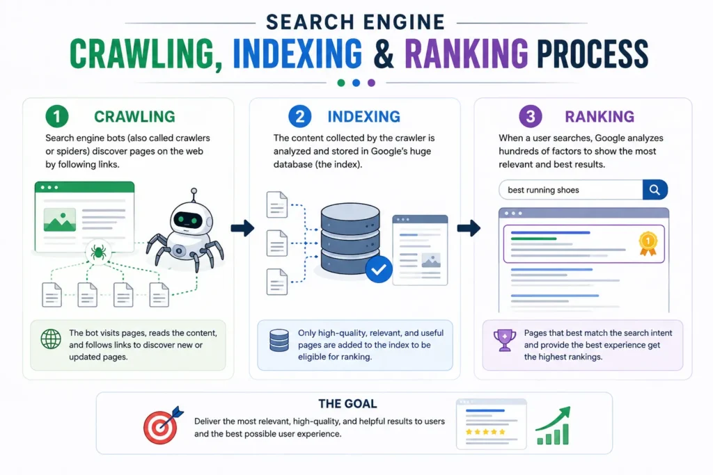 Search engine crawling, indexing, and ranking process infographic showing how Google discovers, stores, and ranks web pages.