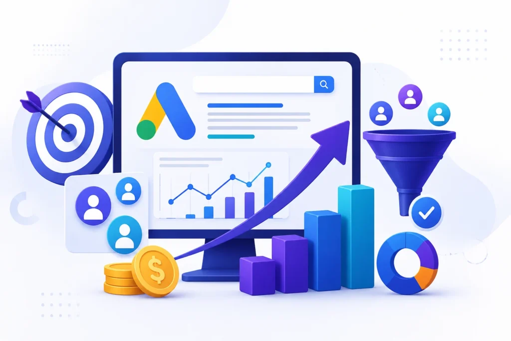 Modern 3D illustration of Google Ads campaign management featuring audience targeting, lead generation, business growth analytics, conversion optimization, and ROI tracking.