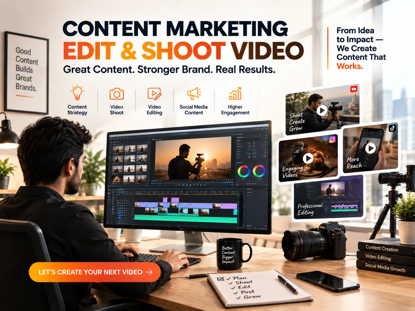Content marketing services featuring professional video shooting, video editing, social media content creation, and content strategy.
