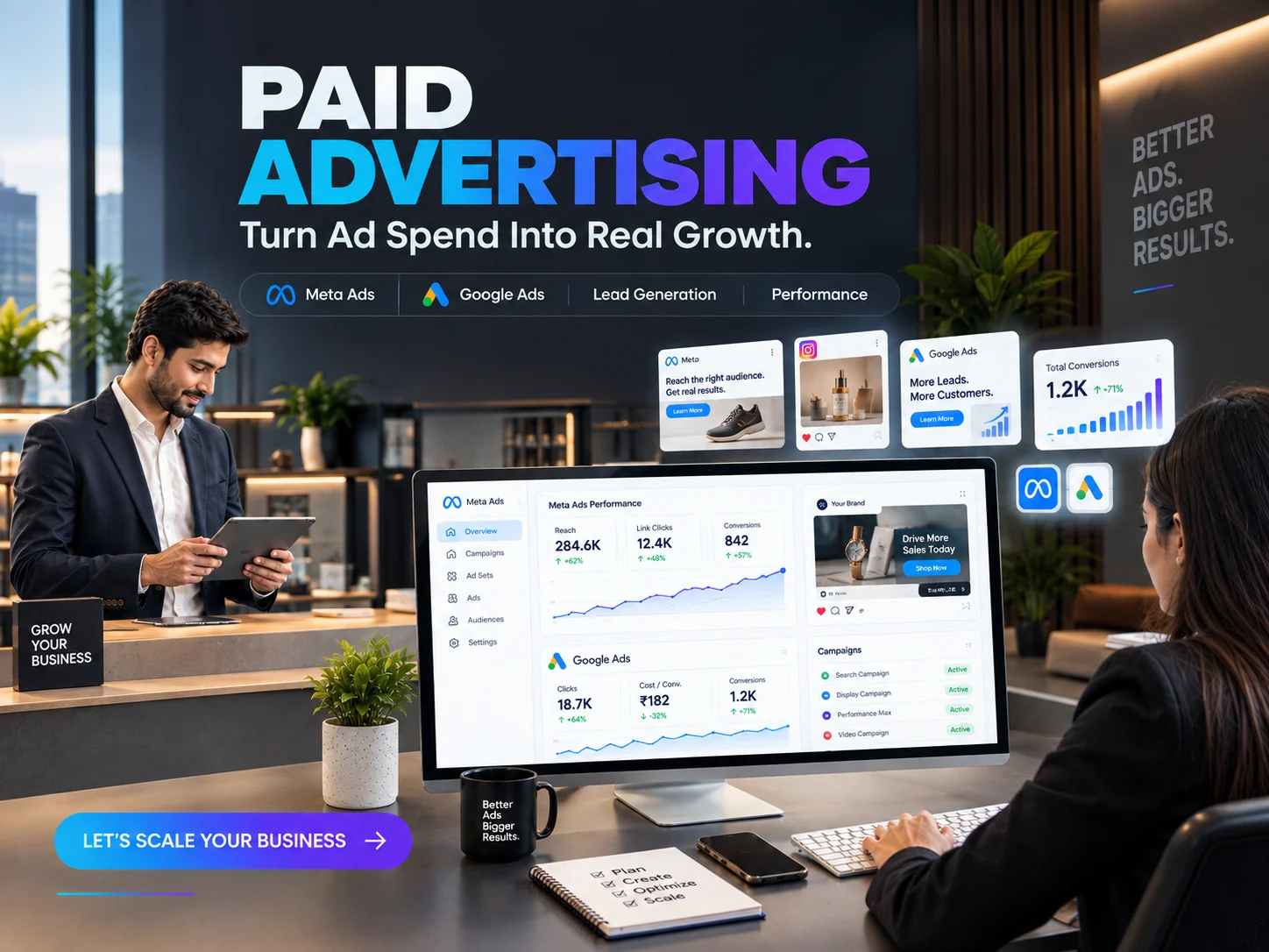Premium paid advertising agency banner featuring Meta Ads and Google Ads campaign dashboards, performance analytics, lead generation metrics, and marketing professionals managing digital ad campaigns.