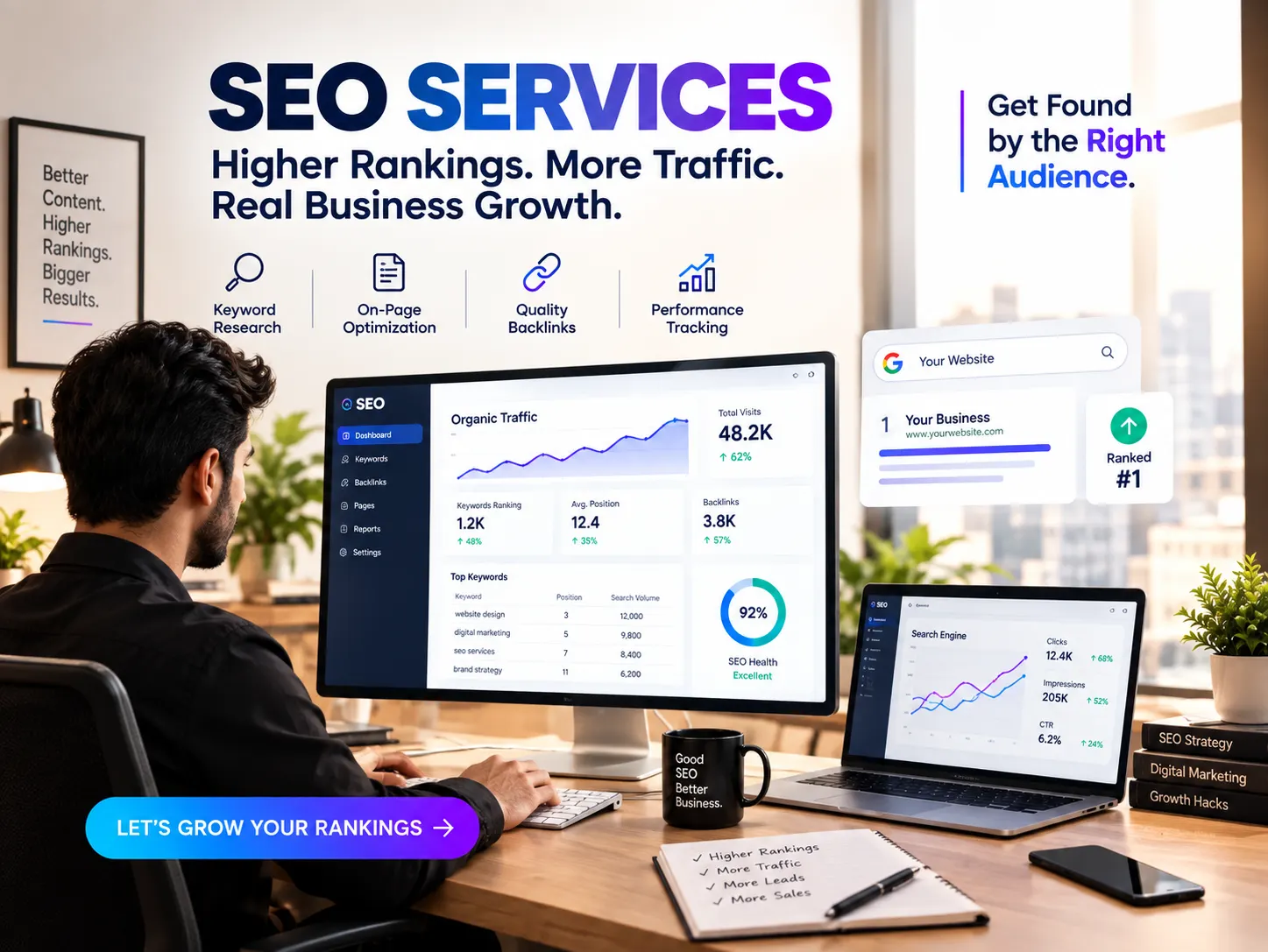 SEO services promotional graphic showing an SEO dashboard, website ranking results, organic traffic analytics, keyword rankings, backlinks, and a professional working at a computer.