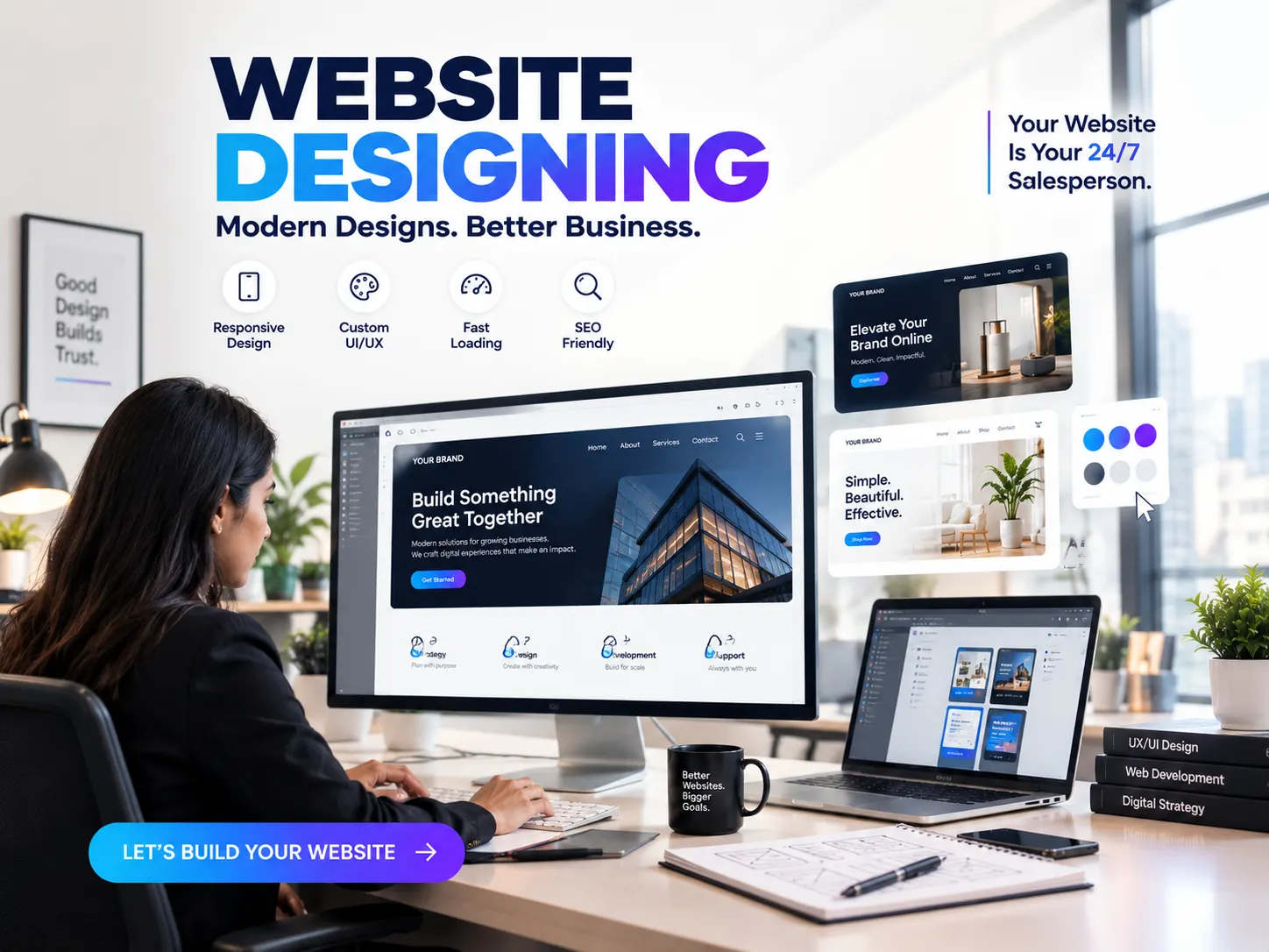 Professional website designing advertisement showing a modern web design workspace with a designer creating a responsive business website, UI/UX layouts, website mockups, and digital interface elements.
