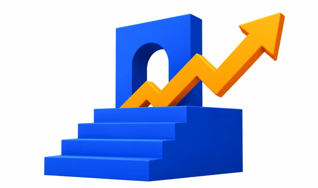 3D business growth illustration with blue steps and upward orange arrow