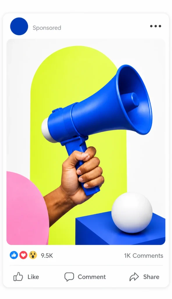 Creative digital marketing agency advertisement featuring a blue megaphone and social media marketing concept by Clickra Media.