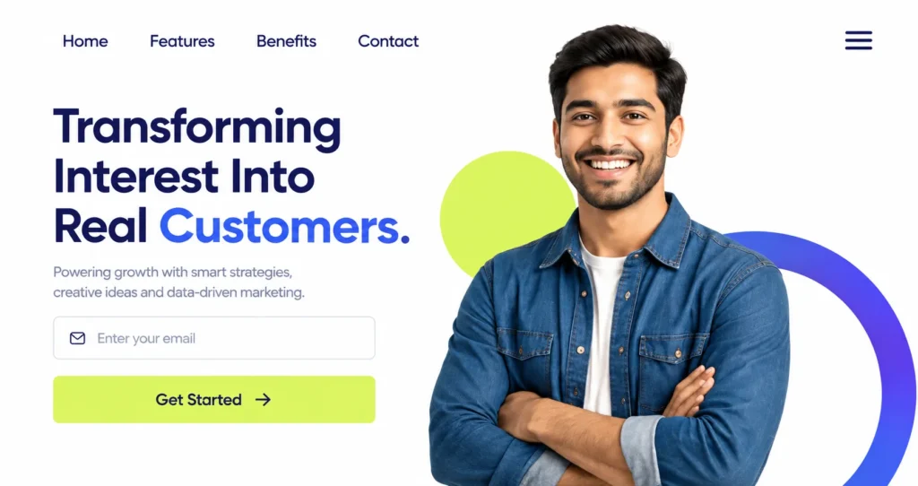 Digital marketing website hero section showing a business professional and the message “Transforming Interest Into Real Customers.”
